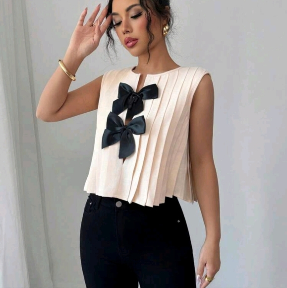 Sleeveless Casual Shirt With Bow Decor, Simple And Versatile - Picture 3 of 4